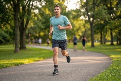 Jogger läuft mit einem Fitness-Tracker am Fußgelenk im Park (Schrittzähler via Band am Knöchel).
